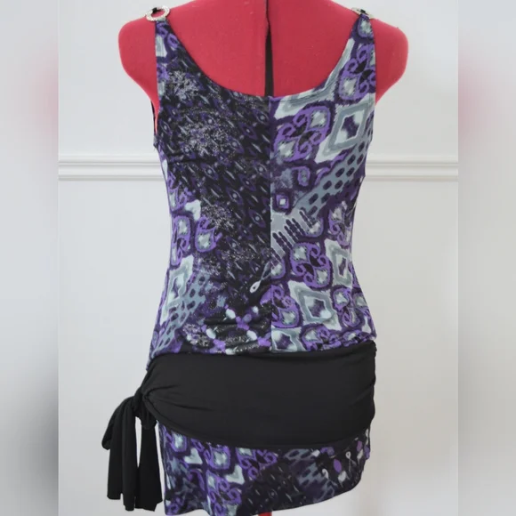 Purple Patterned Cowl Neck Top With Side tie Belt And Rhinestone On Straps - Picture 4 of 4